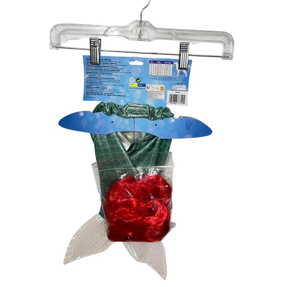 Disney‎ Ariel Pet Costume Large Green Mermaid Tail Wig Bikini 3pc Set